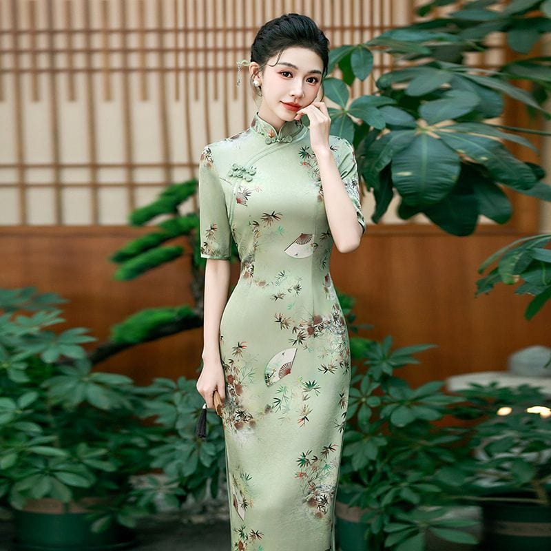 Beth and Brian Qipao-QCYJ Fan and floral pattern, plus size long Cheongsam for mother
