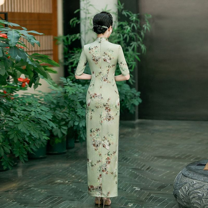 Beth and Brian Qipao-QCYJ Fan and floral pattern, plus size long Cheongsam for mother