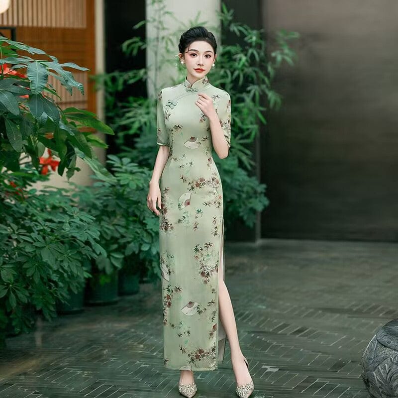Beth and Brian Qipao-QCYJ Fan and floral pattern, plus size long Cheongsam for mother
