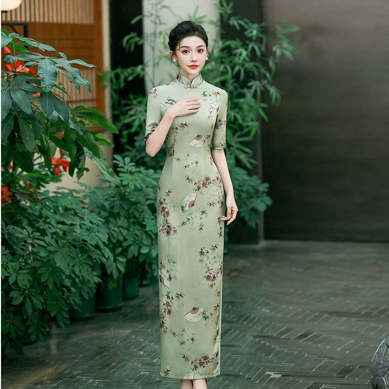 Beth and Brian Qipao-QCYJ Fan and floral pattern, plus size long Cheongsam for mother