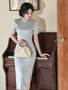 Beth and Brian Qipao-YG Butterfly embroiled, sky blue&beige midi Cheongsam