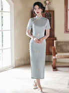 Beth and Brian Qipao-YG Butterfly embroiled, sky blue&beige midi Cheongsam