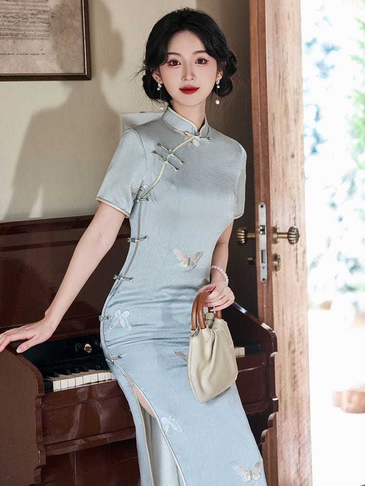 Beth and Brian Qipao-YG Butterfly embroiled, sky blue&beige midi Cheongsam