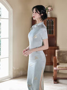 Beth and Brian Qipao-YG Butterfly embroiled, sky blue&beige midi Cheongsam