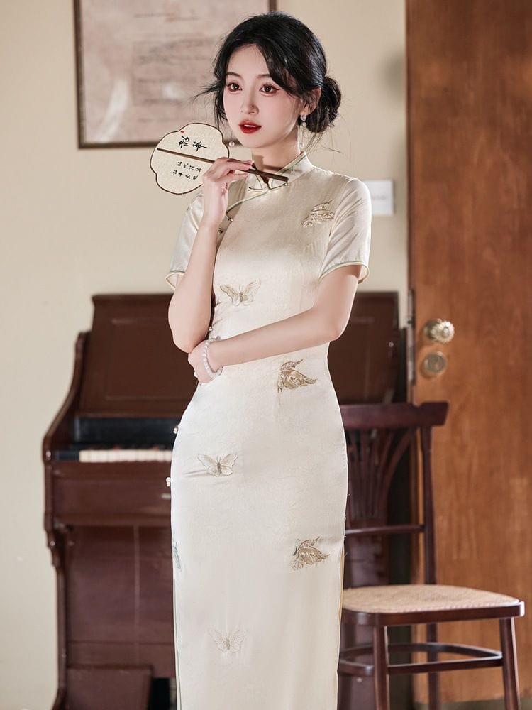 Beth and Brian Qipao-YG Butterfly embroiled, sky blue&beige midi Cheongsam