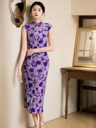 Beth and Brian Qipao-YG Flocking fabric, rose pattern, purple midi Cheongsam