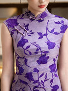 Beth and Brian Qipao-YG Flocking fabric, rose pattern, purple midi Cheongsam