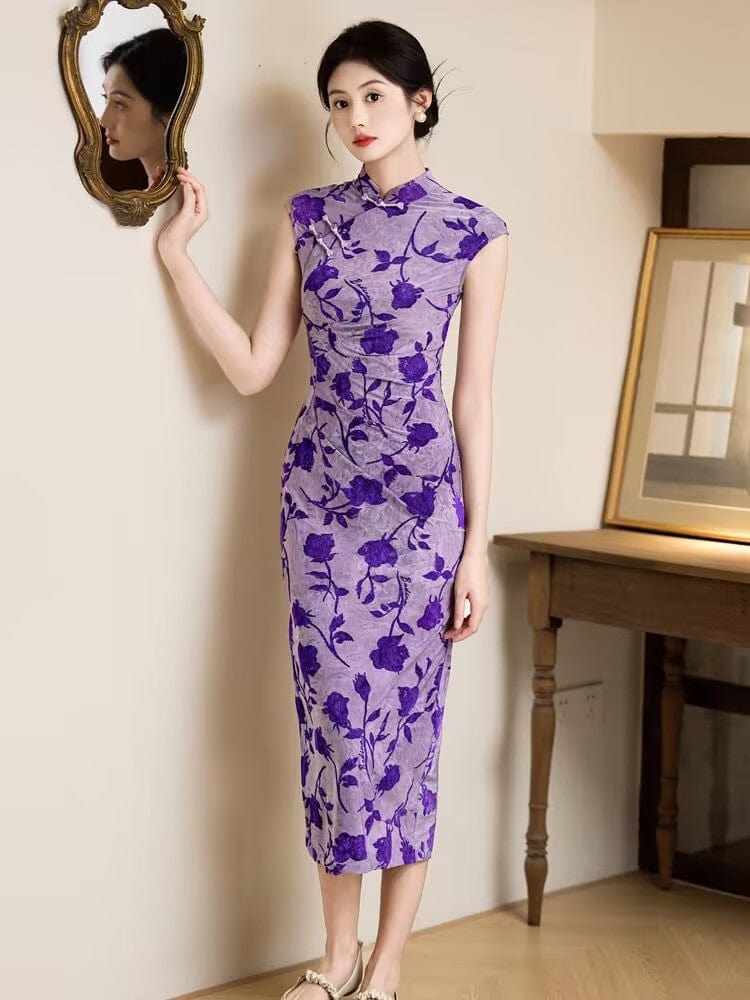 Beth and Brian Qipao-YG Flocking fabric, rose pattern, purple midi Cheongsam