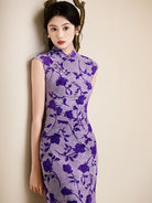 Beth and Brian Qipao-YG Flocking fabric, rose pattern, purple midi Cheongsam
