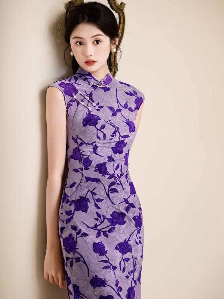 Beth and Brian Qipao-YG Flocking fabric, rose pattern, purple midi Cheongsam