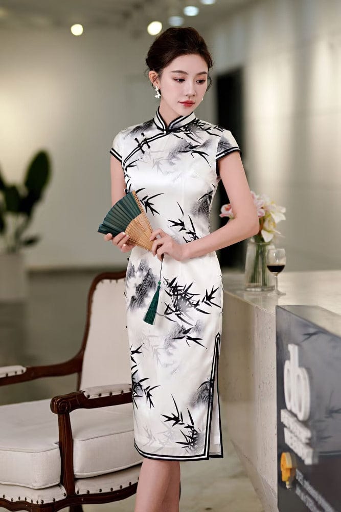 Beth and Brian Qipao-QHJS 19 mome mulberry silk, High-end, bamboo midi Cheongsam