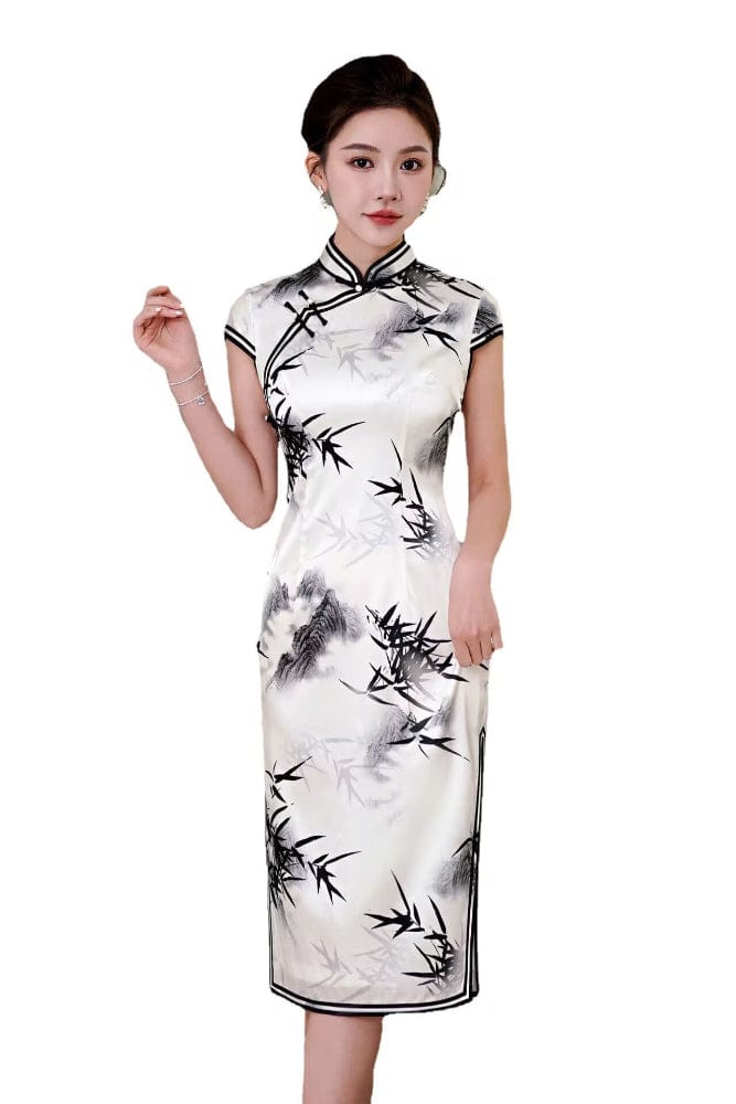 Beth and Brian Qipao-QHJS 19 mome mulberry silk, High-end, bamboo midi Cheongsam