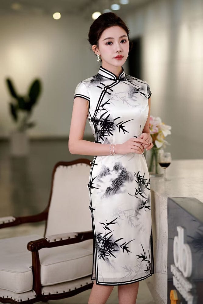 Beth and Brian Qipao-QHJS 19 mome mulberry silk, High-end, bamboo midi Cheongsam