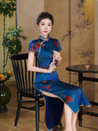 Beth and Brian Qipao-QHJS 19 mome mulberry silk, high-end blue long Cheongsam