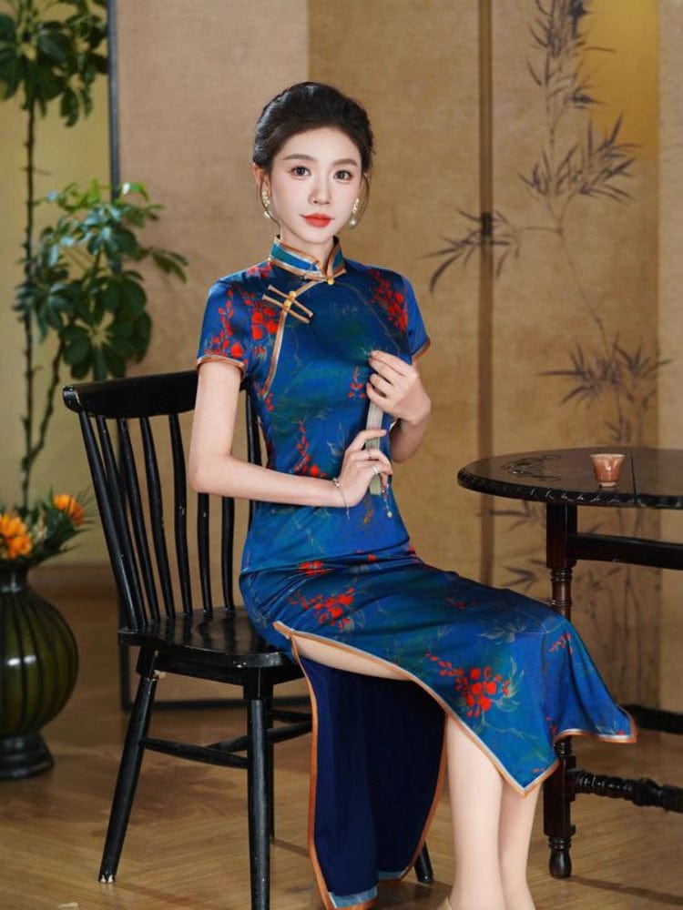 Beth and Brian Qipao-QHJS 19 mome mulberry silk, high-end blue long Cheongsam