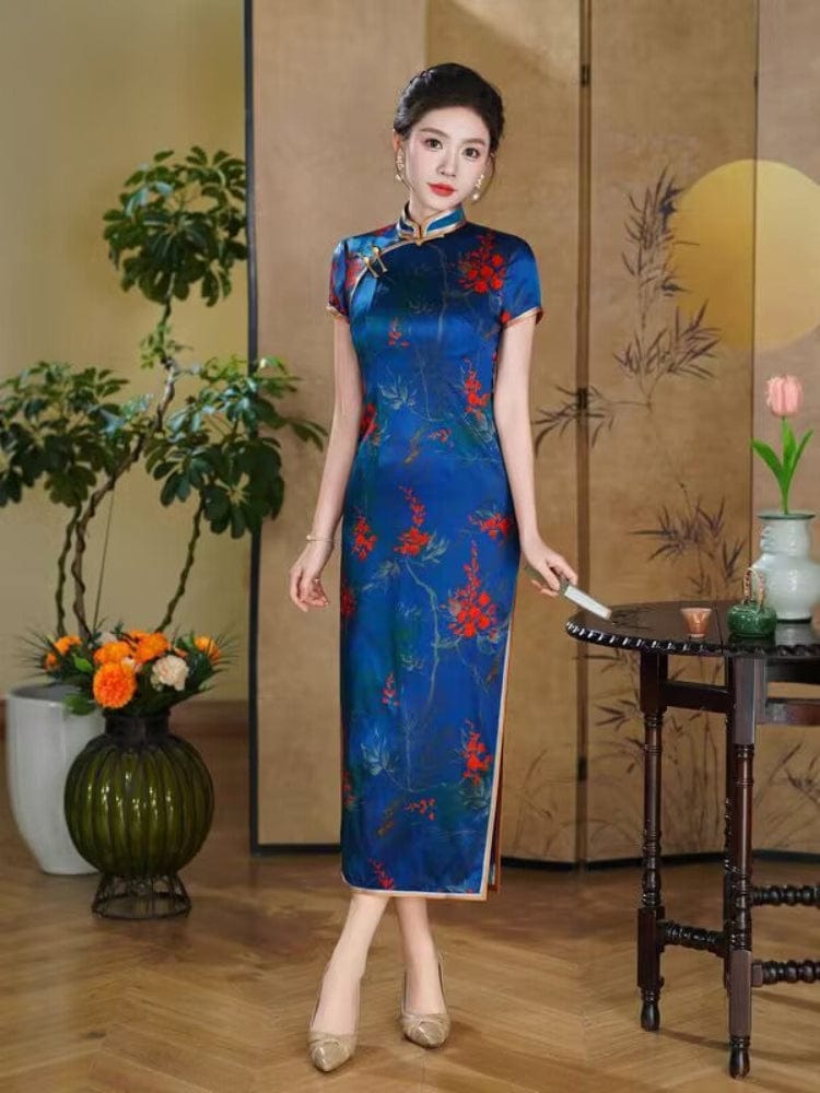 Beth and Brian Qipao-QHJS 19 mome mulberry silk, high-end blue long Cheongsam