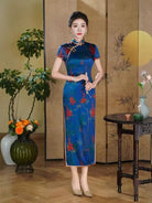 Beth and Brian Qipao-QHJS 19 mome mulberry silk, high-end blue long Cheongsam