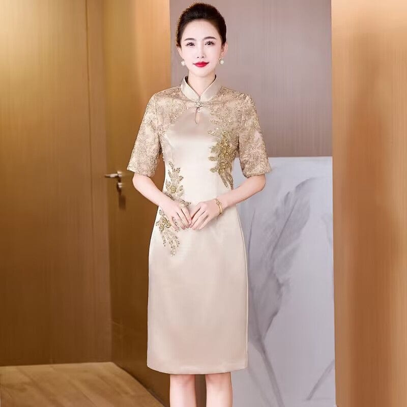 Beth and Brian Qipao-LC Floral embroiled, water drop collar midi Cheongsam for mother