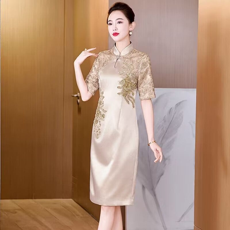 Beth and Brian Qipao-LC Floral embroiled, water drop collar midi Cheongsam for mother