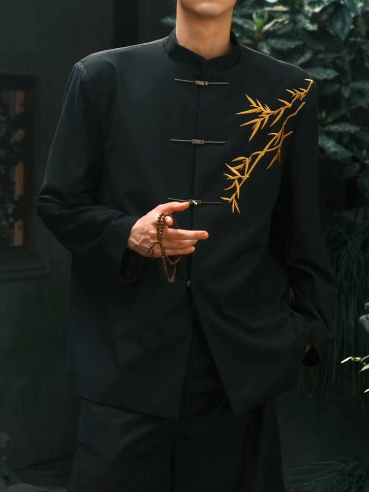 Beth and Brian Qipao-ESS Gold bamboo leaf pattern, Men's Chinese Tang Suit Jacket, Chinese style Tang suit Jacket