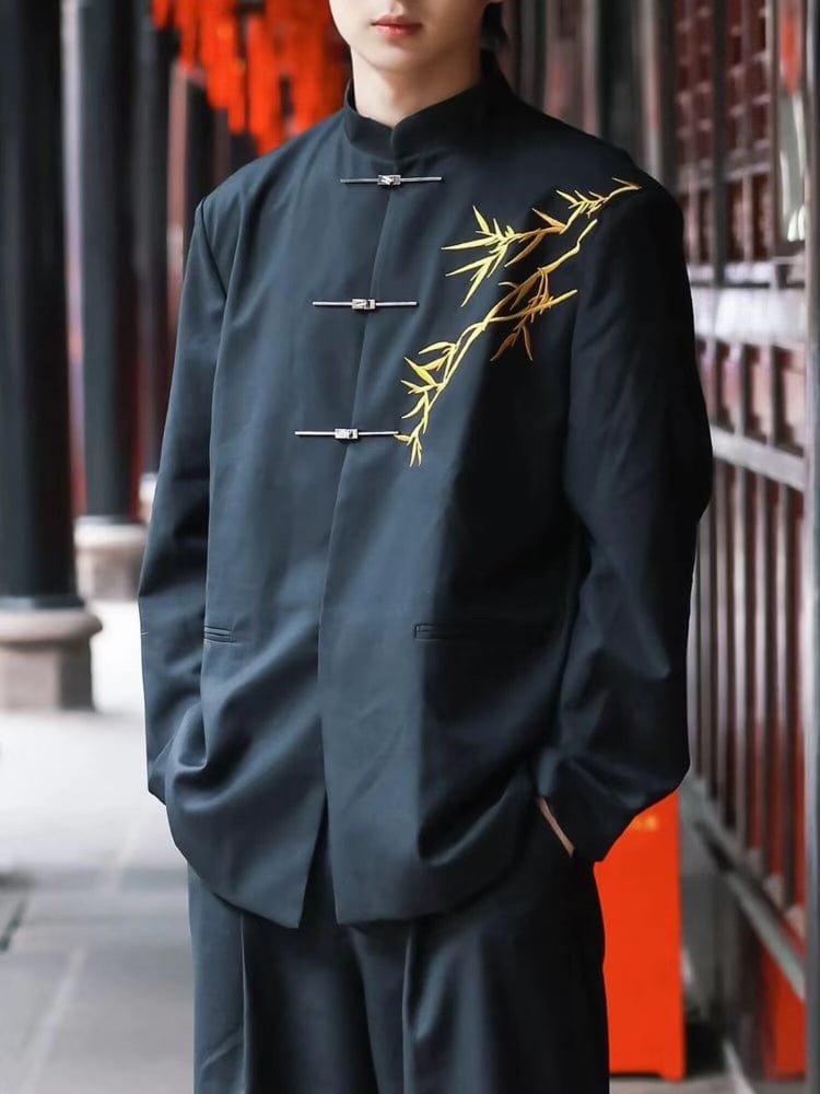 Beth and Brian Qipao-ESS Gold bamboo leaf pattern, Men's Chinese Tang Suit Jacket, Chinese style Tang suit Jacket