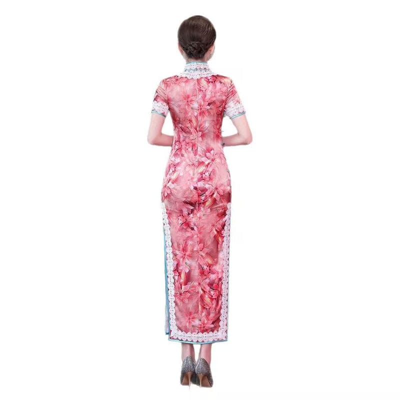 Beth and Brian Qipao-QHJS 19 mome mulberry silk, floral pattern, high-end red-pink long Cheongsam
