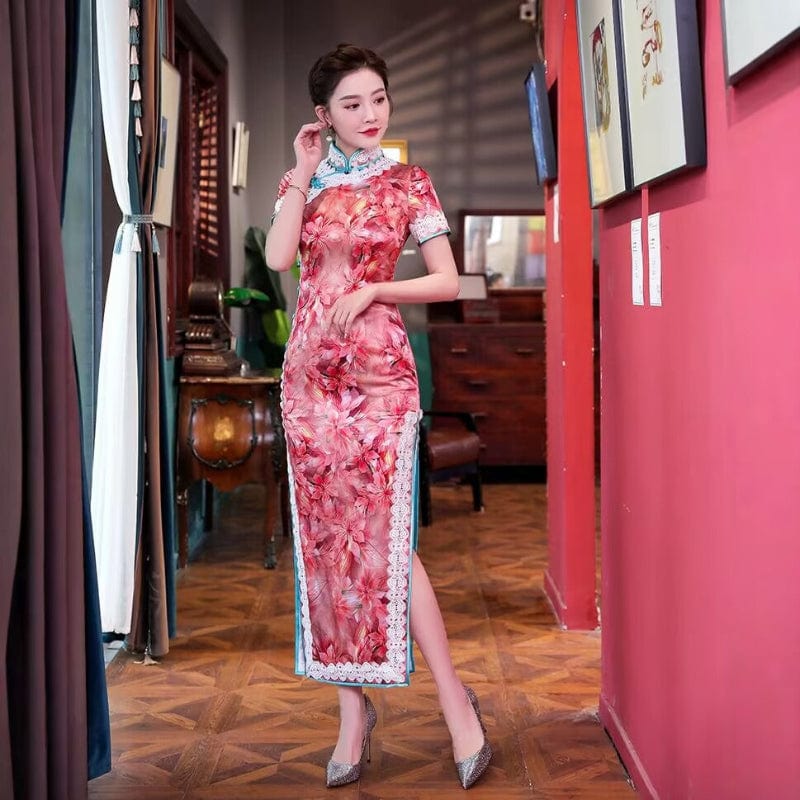 Beth and Brian Qipao-QHJS 19 mome mulberry silk, floral pattern, high-end red-pink long Cheongsam