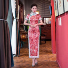 Beth and Brian Qipao-QHJS 19 mome mulberry silk, floral pattern, high-end red-pink long Cheongsam