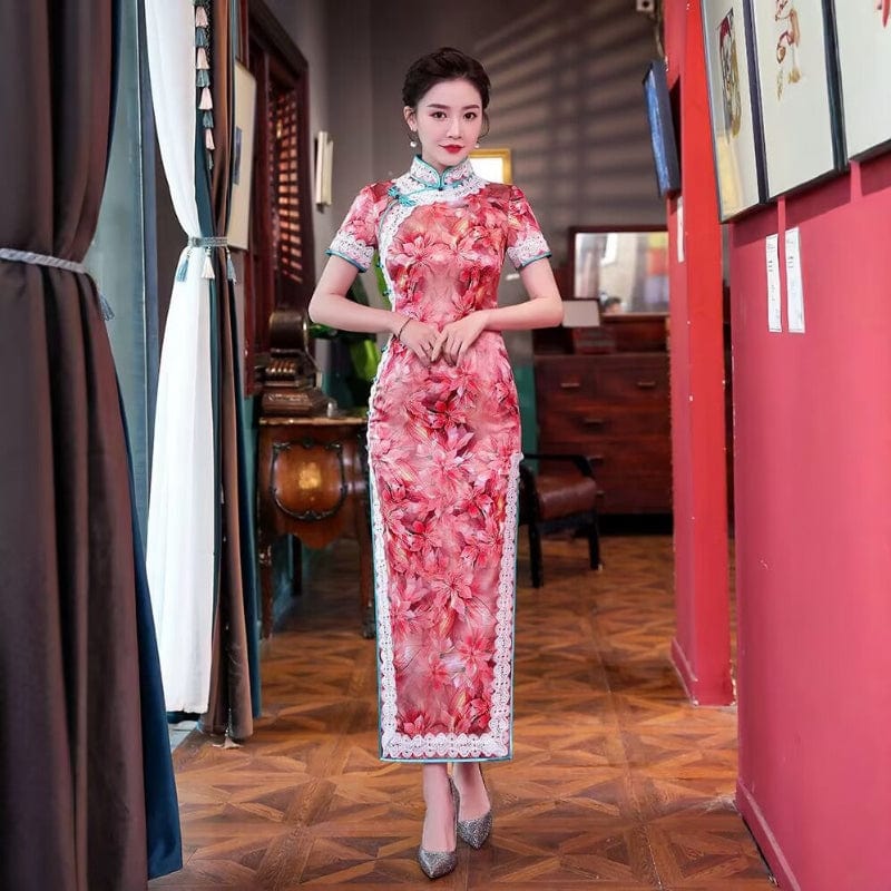 Beth and Brian Qipao-QHJS 19 mome mulberry silk, floral pattern, high-end red-pink long Cheongsam