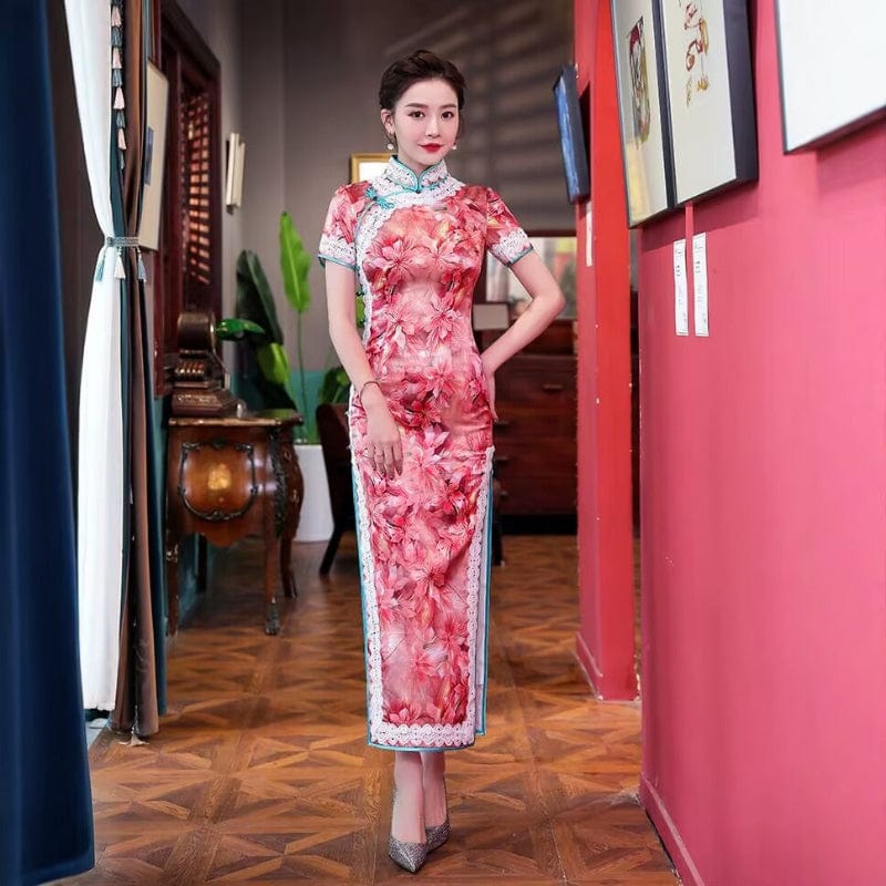 Beth and Brian Qipao-QHJS 19 mome mulberry silk, floral pattern, high-end red-pink long Cheongsam