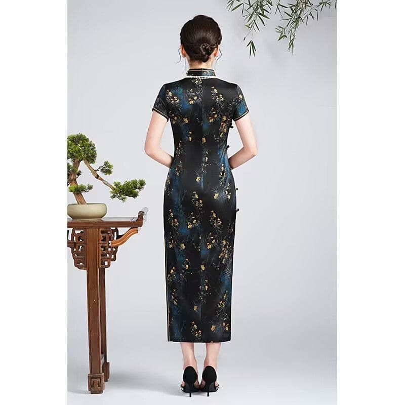 Beth and Brian Qipao-QHJS 19 mome mulberry silk, floral pattern, high-end black long Cheongsam