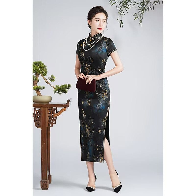 Beth and Brian Qipao-QHJS 19 mome mulberry silk, floral pattern, high-end black long Cheongsam