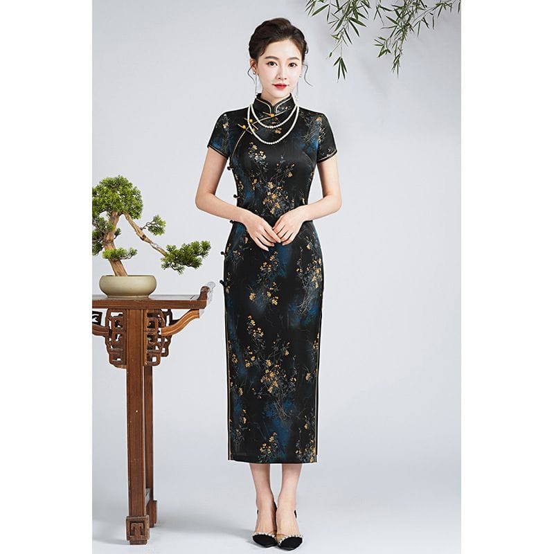 Beth and Brian Qipao-QHJS 19 mome mulberry silk, floral pattern, high-end black long Cheongsam