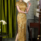 Beth and Brian Qipao-QHJS 19 mome mulberry silk, high-end, dark yellow long Cheongsam