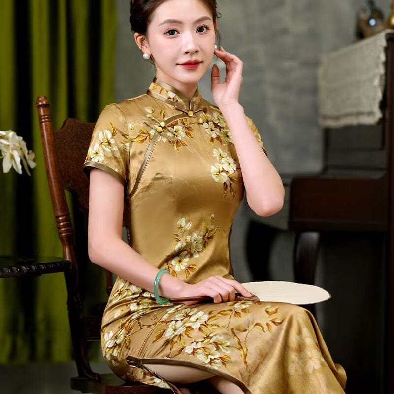 Beth and Brian Qipao-QHJS 19 mome mulberry silk, high-end, dark yellow long Cheongsam