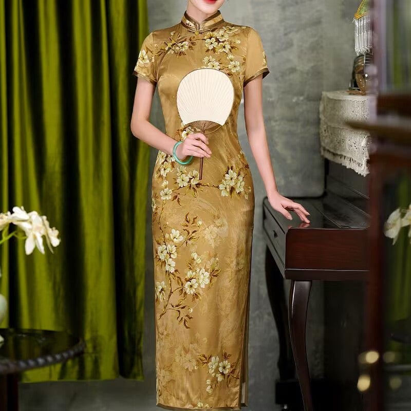 Beth and Brian Qipao-QHJS 19 mome mulberry silk, high-end, dark yellow long Cheongsam