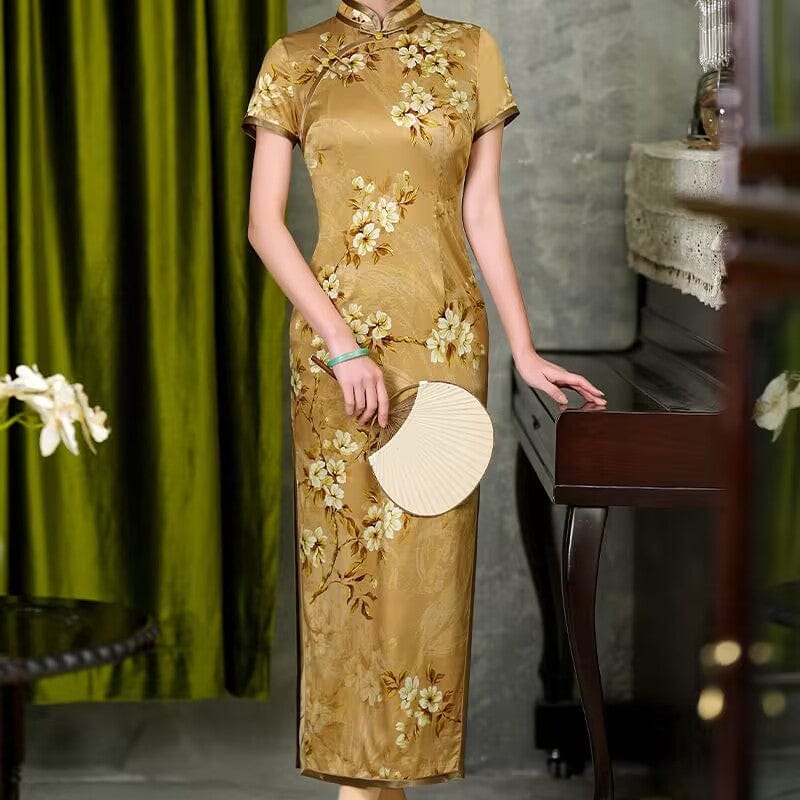 Beth and Brian Qipao-QHJS 19 mome mulberry silk, high-end, dark yellow long Cheongsam