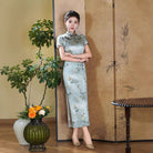 Beth and Brian Qipao-QHJS Old Shanghai style, 19 mome mulberry silk, high-end light blue long Cheongsam