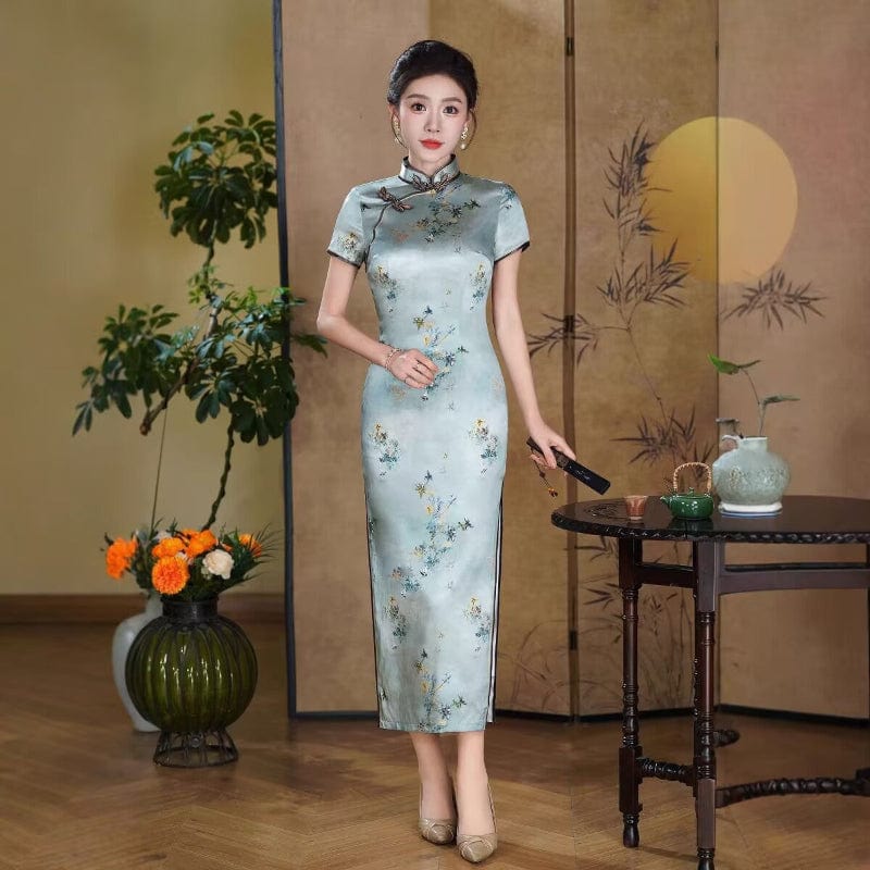 Beth and Brian Qipao-QHJS Old Shanghai style, 19 mome mulberry silk, high-end light blue long Cheongsam