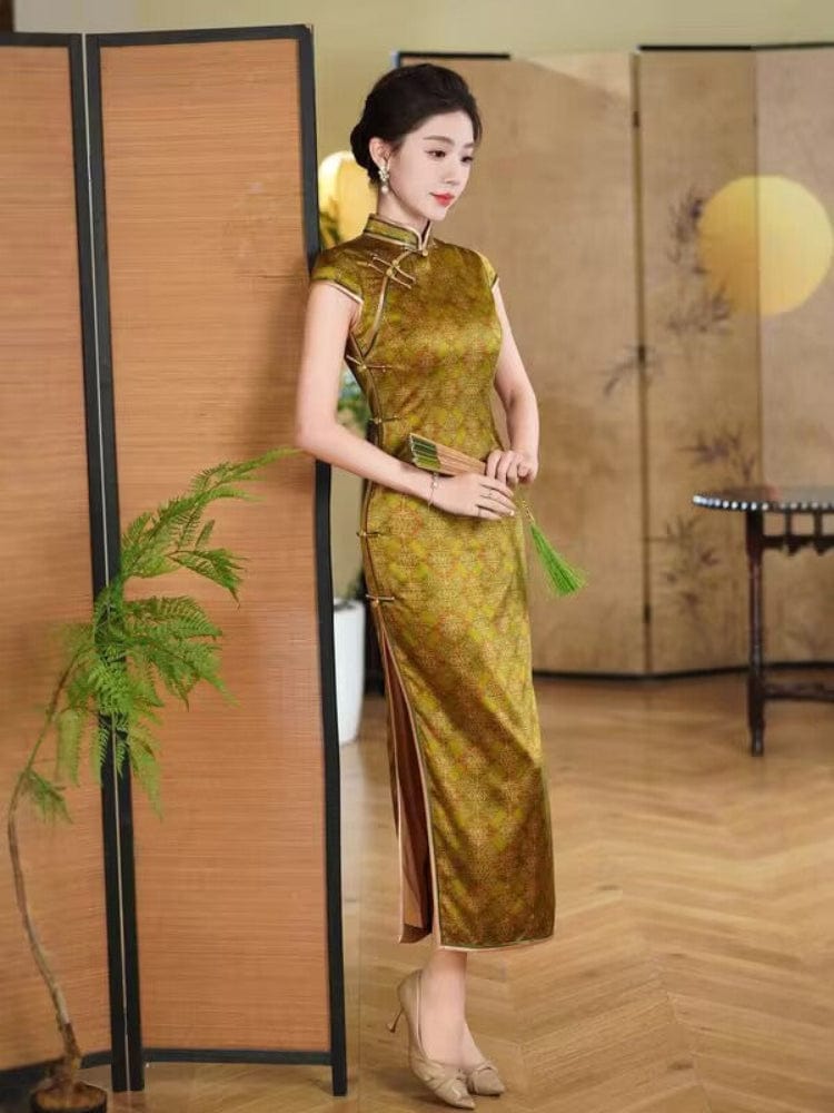 Beth and Brian Qipao-QHJS Diamond Check Pattern, 19 mome mulberry silk,  high-end green long Cheongsam