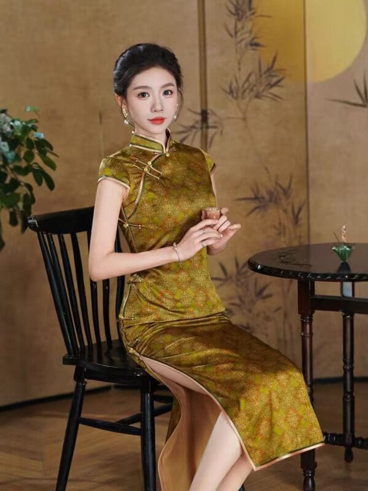 Beth and Brian Qipao-QHJS Diamond Check Pattern, 19 mome mulberry silk,  high-end green long Cheongsam