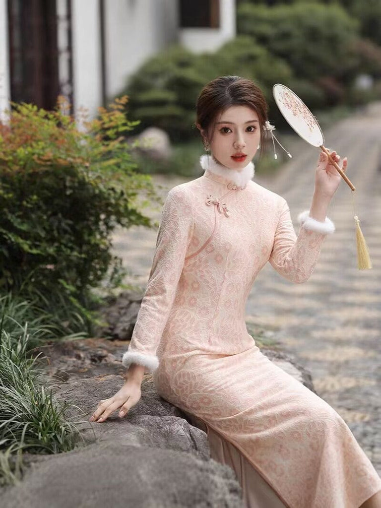 Beth and Brian Qipao-MLS Winter collection, lace pink midi Cheongsam