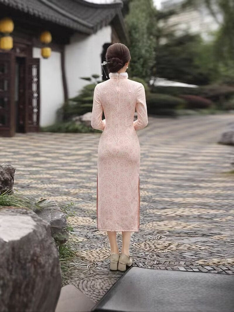 Beth and Brian Qipao-MLS Winter collection, lace pink midi Cheongsam