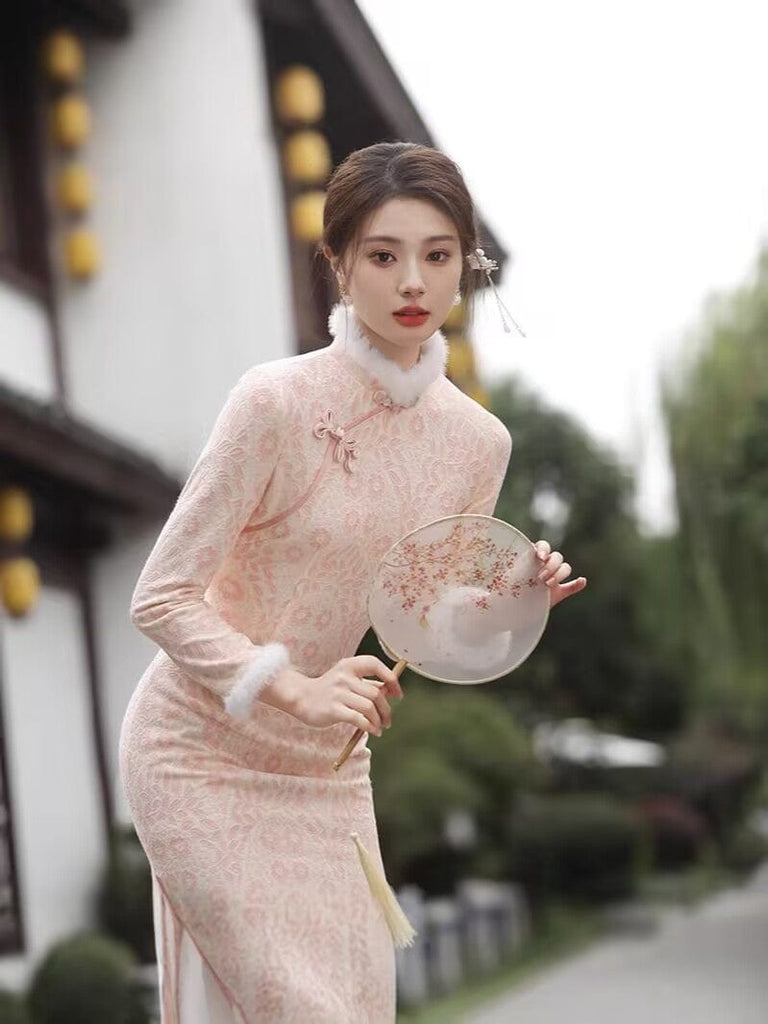 Beth and Brian Qipao-MLS Winter collection, lace pink midi Cheongsam
