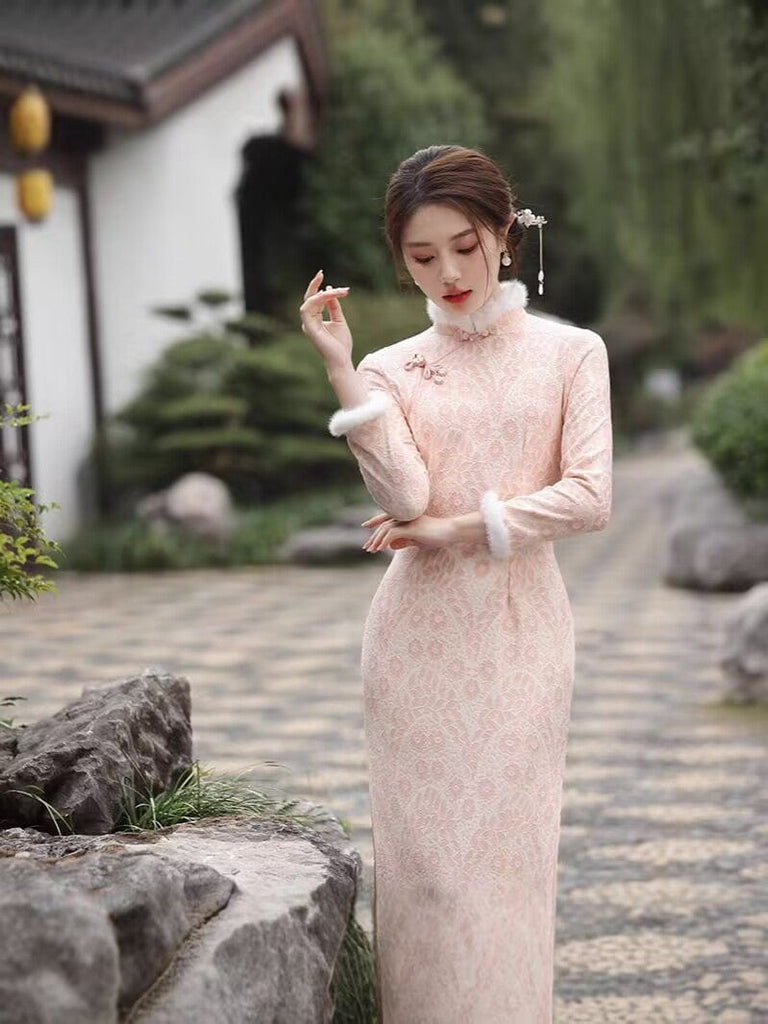 Beth and Brian Qipao-MLS Winter collection, lace pink midi Cheongsam