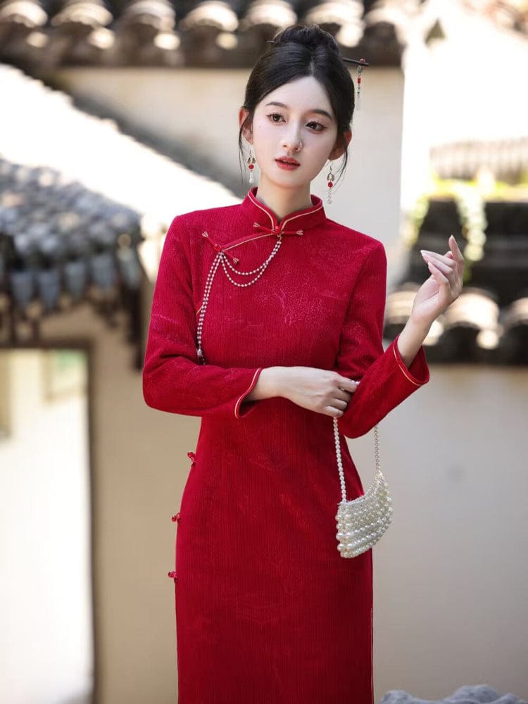 Beth and Brian Qipao-MLS Chenille floral midi Cheongsam with long sleeves