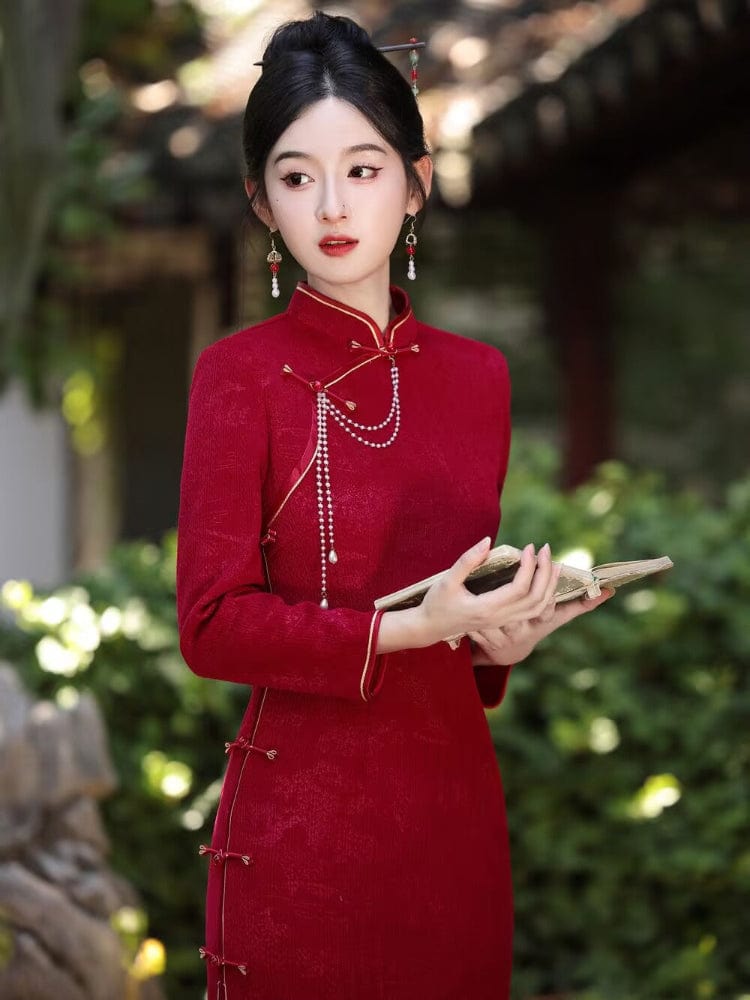 Beth and Brian Qipao-MLS Chenille floral midi Cheongsam with long sleeves