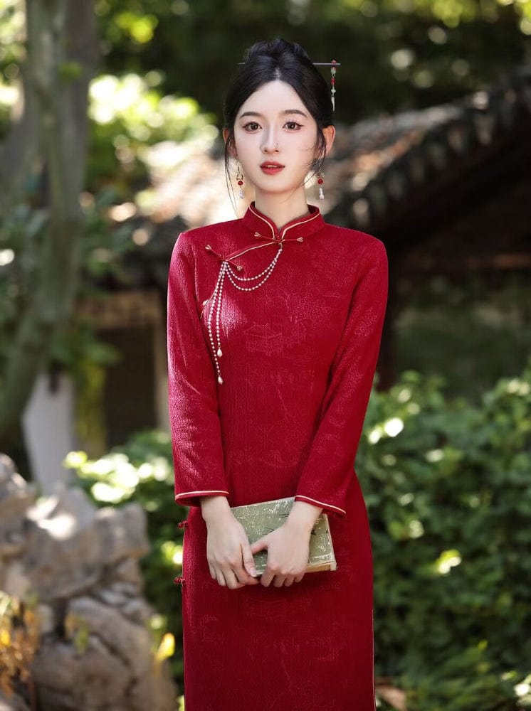 Beth and Brian Qipao-MLS Chenille floral midi Cheongsam with long sleeves