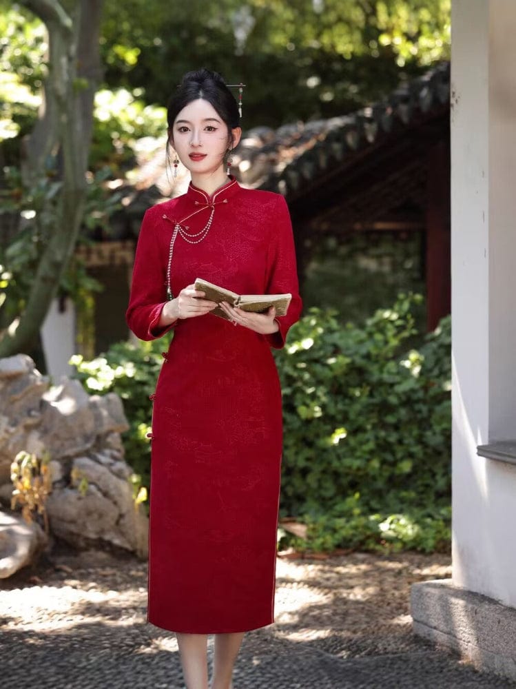 Beth and Brian Qipao-MLS Chenille floral midi Cheongsam with long sleeves