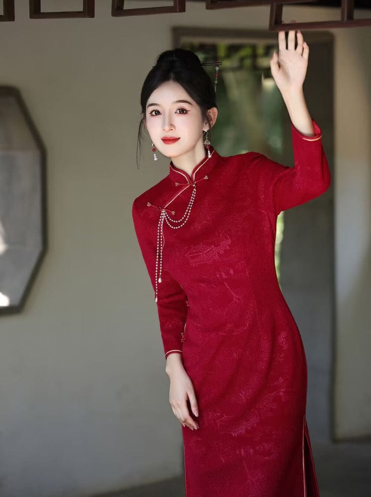 Beth and Brian Qipao-MLS Chenille floral midi Cheongsam with long sleeves